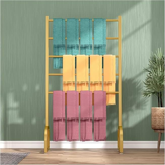 Craft Room Ribbon Storage Organizer Rack Scarves Pants Shawls Towels Display Stand, Freestanding Metal Wrapping Paper Organizer Rack for Silk Scarf/Fabric/Ribbon Organizer (Color : Gold, Size : L 60