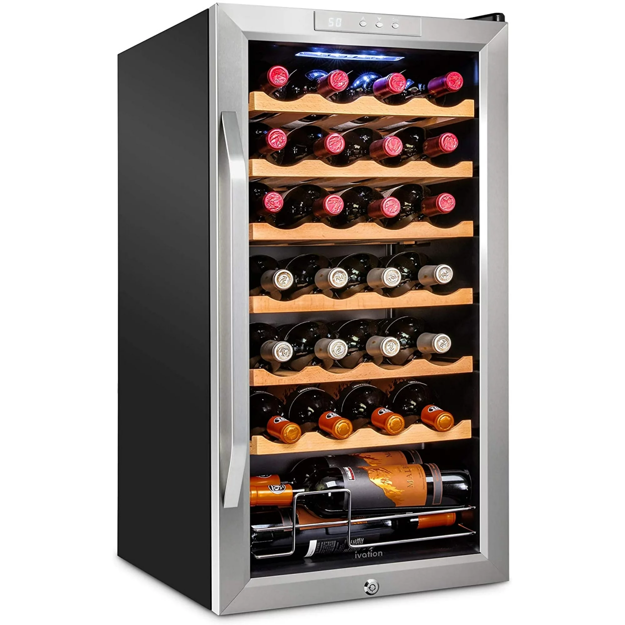 Ivation 28 Bottle Compressor Wine Cooler Refrigerator W/ Lock, Silver