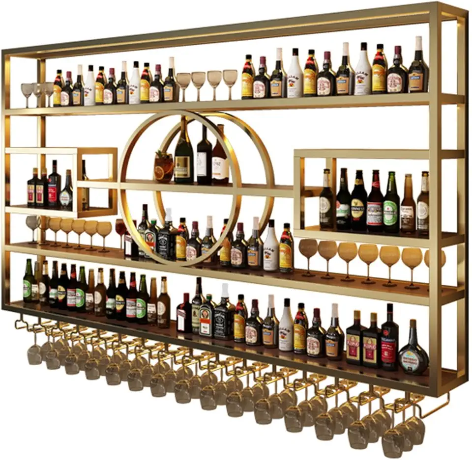 Metal Wine Rack Wall Mounted With LED Light With Wine Glass Holder, Modern Bar Shelves Wall Mounted With Glass Holder, Multi Functional Bar Shelves For Liquor Bottles For Home Bar & Dining Room(Gold,5