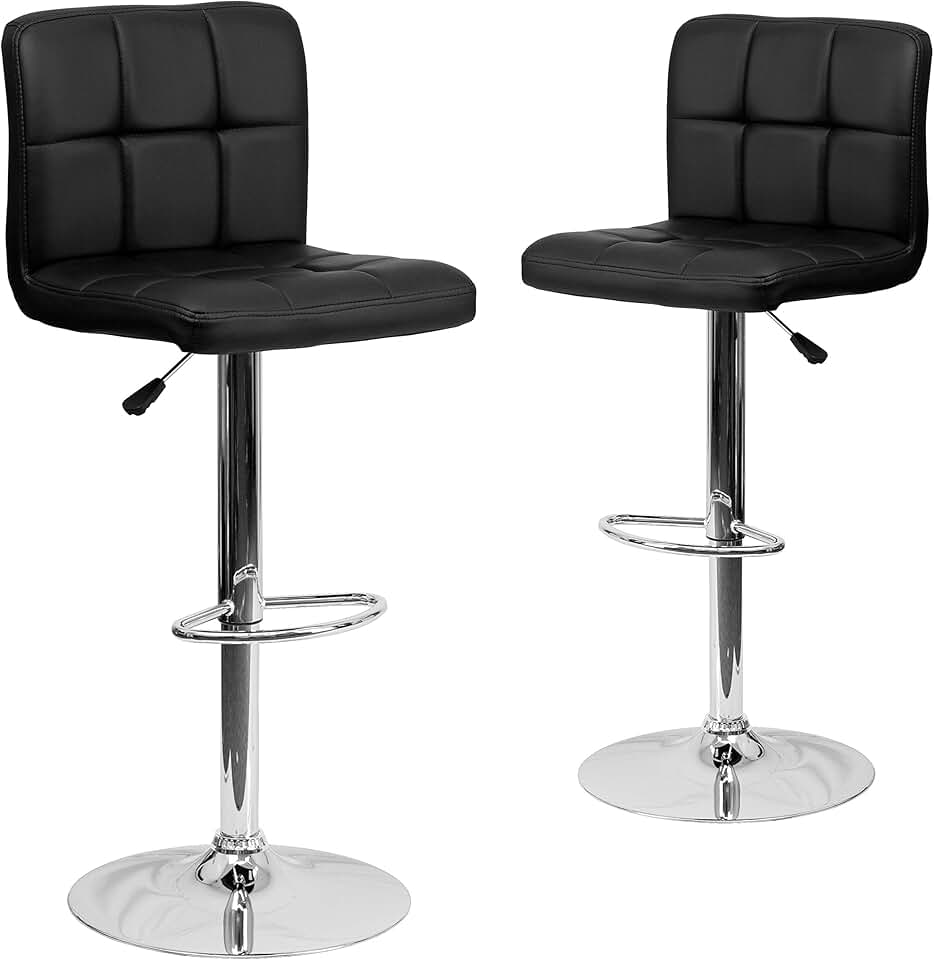 Flash Furniture Alexandra 2 Pack Contemporary Black Quilted Vinyl Adjustable Height Barstool with Chrome Base