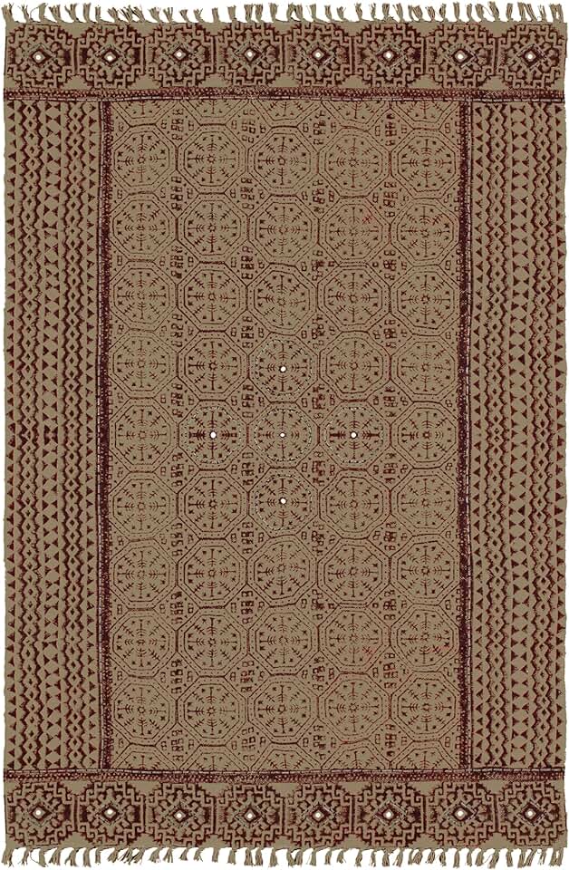 Collection Square - 7x7 Area Rug Brown & Black Pattern Cotton Dhurrie Bordered Kilim Rug Indoor Outdoor Use Carpet Flatweave Rugs for Bedroom Bedside Mat Dining Table Mat & Hall