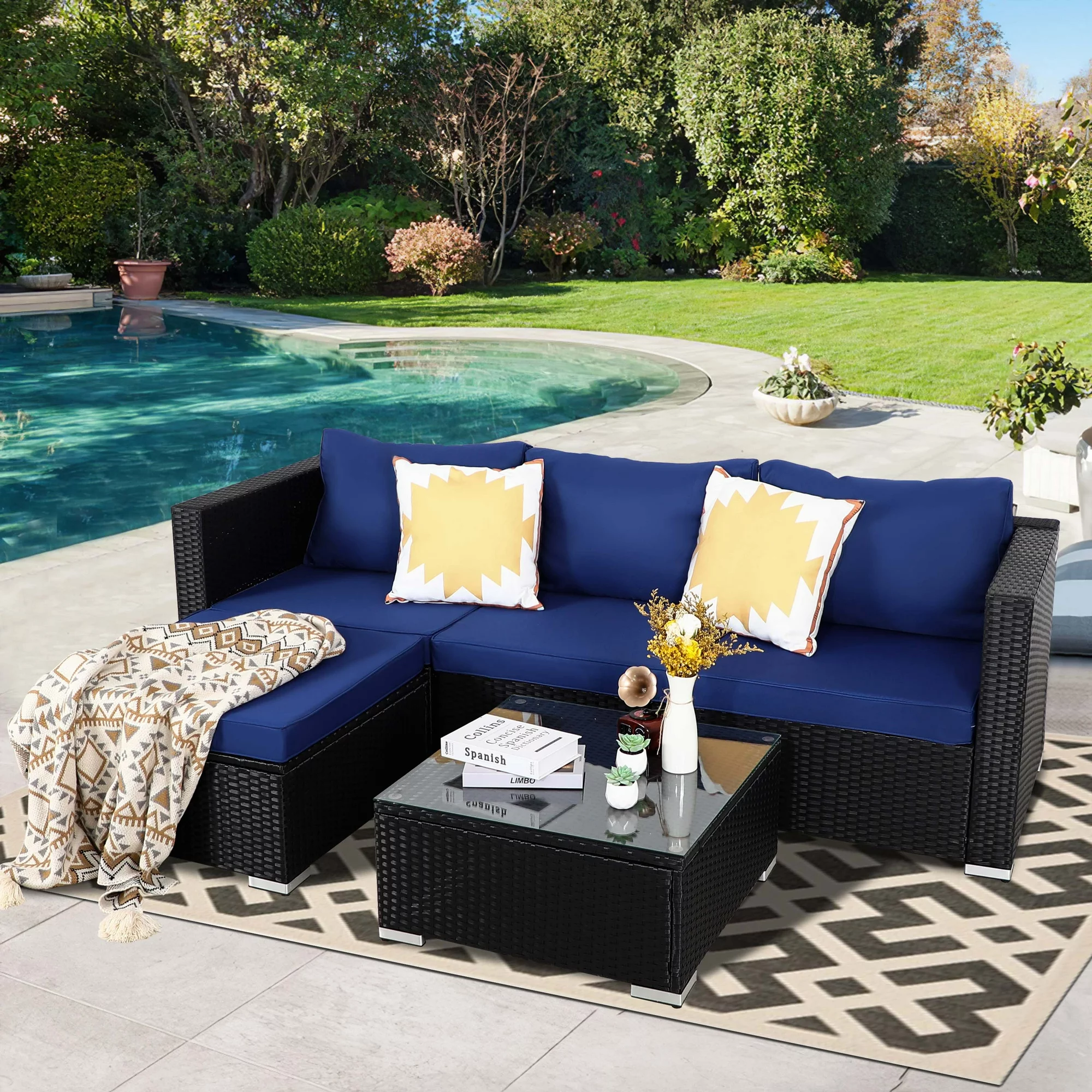 PAOLFOX Oversize 5 Piece Outdoor PE Rattan Wicker Sofas Sectional Furniture Set, Navy Blue Cushions