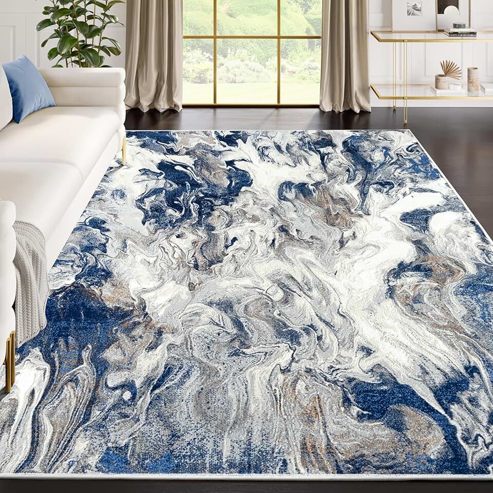 Abani Regal Blue Area Rug for Living Room, Bedroom - Swirl Abstract Pattern - 10' x 14' - Durable & Easy to Clean