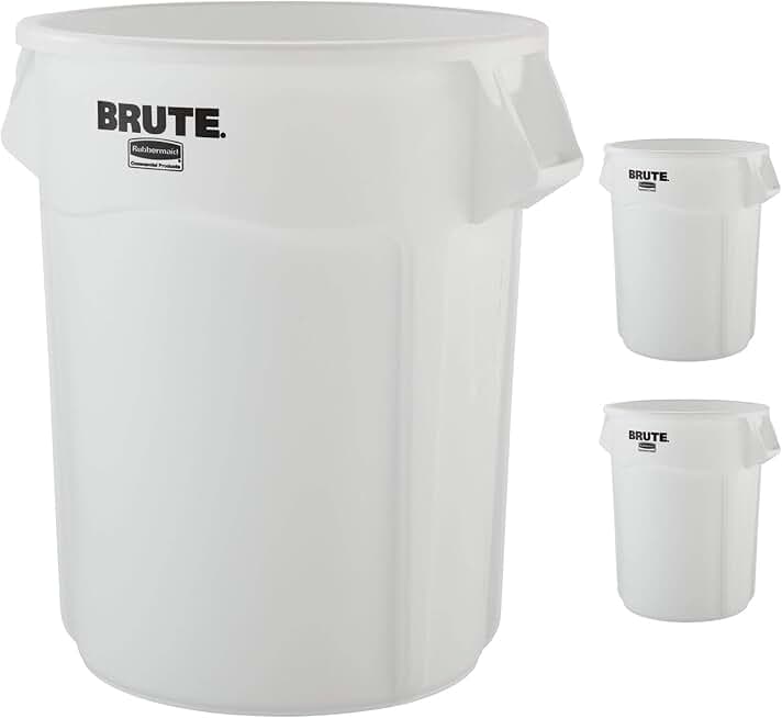 Rubbermaid Commercial Products BRUTE Heavy-Duty Round Trash/Garbage Can, 55-Gallon, White, Wastebasket for Home/Garage/Mall/Office/Stadium/Bathroom, Pack of 3