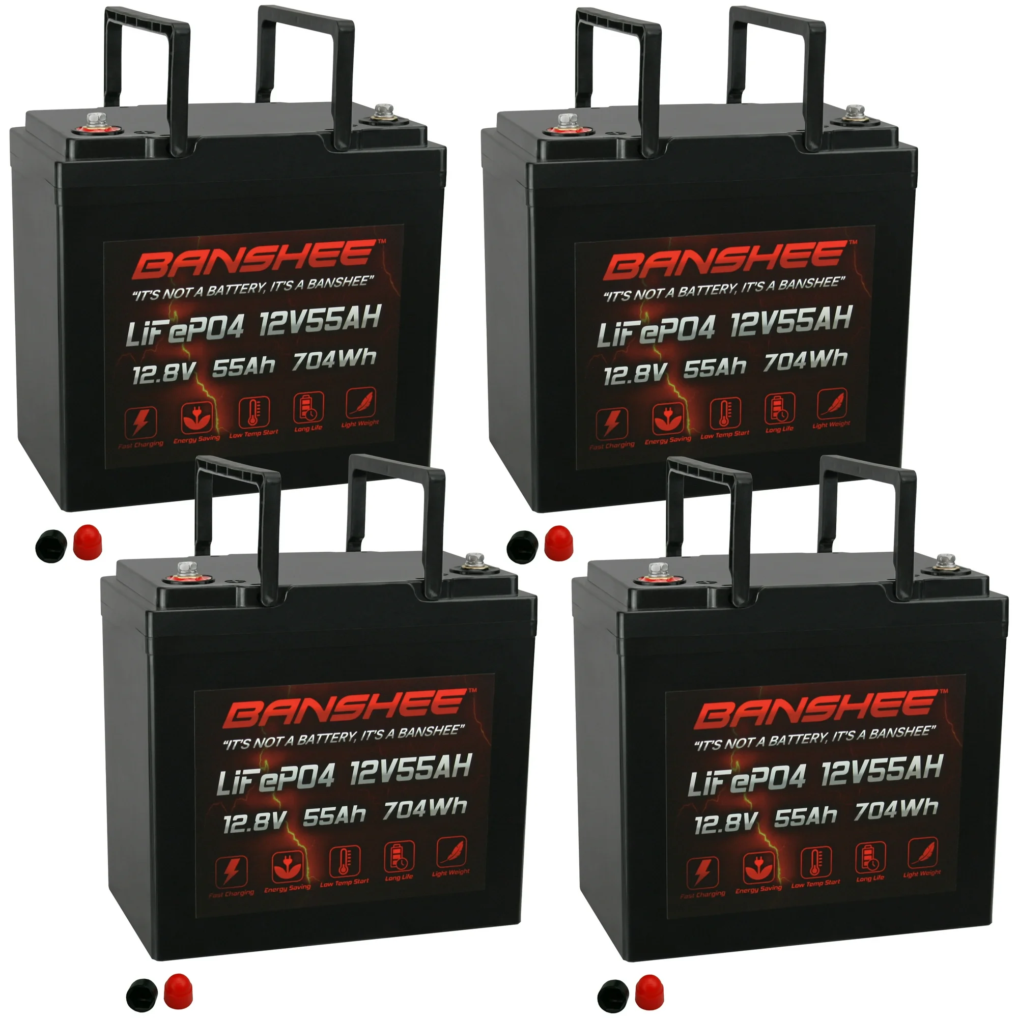Banshee 12V 55Ah LiFePO4 Battery Rechargeable Lithium Trolling Motor Battery 3000+ Cycles Lithium Iron Phosphate Battery for Solar, Marine, Boat Motor, Power Wheel Chair (12V55Ah-4 Pack)