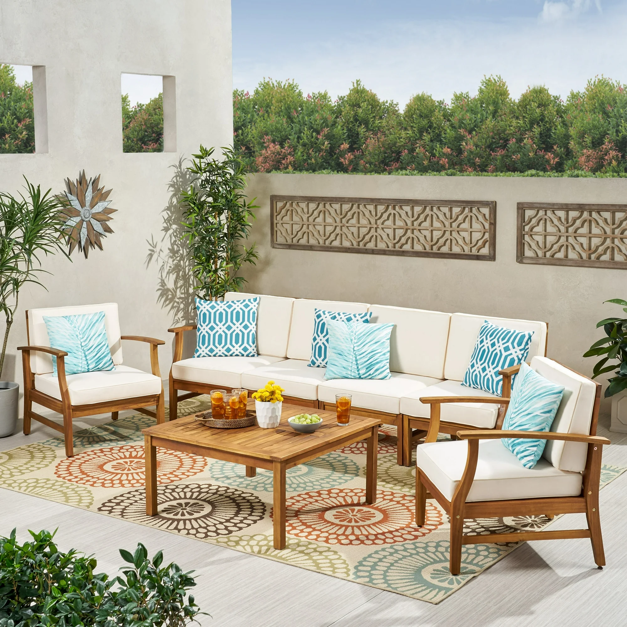 Outdoor 6 Seater Finished Acacia Wood Sofa and Club Chair Set with Cushions,Teak,Cream