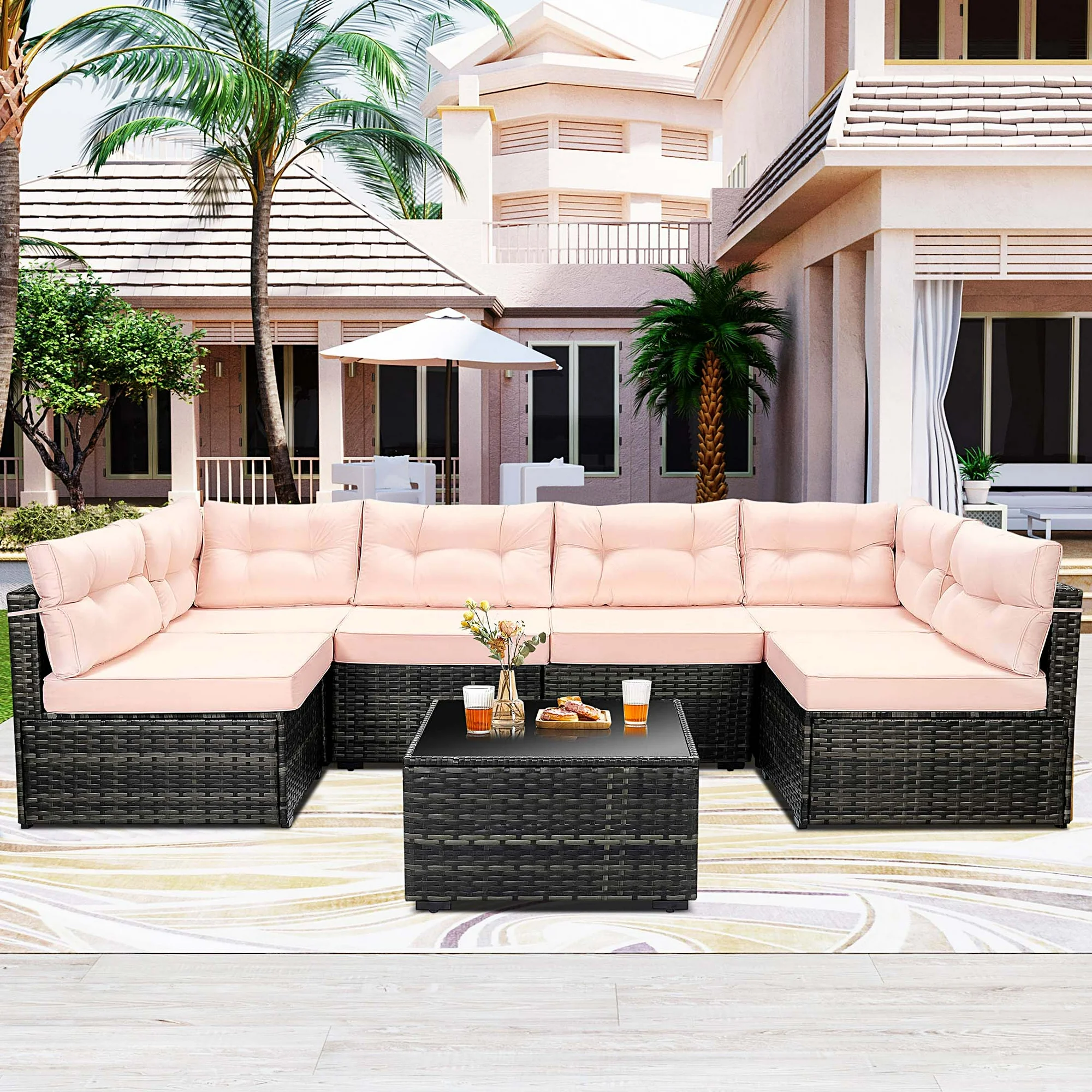 Patio Outdoor Furniture Sets, 7 Pieces All-Weather Rattan Sectional Sofa with Tea Table & Cushions, PE Rattan Wicker Sofa Couch Conversation Set for Garden Backyard Poolside, B212
