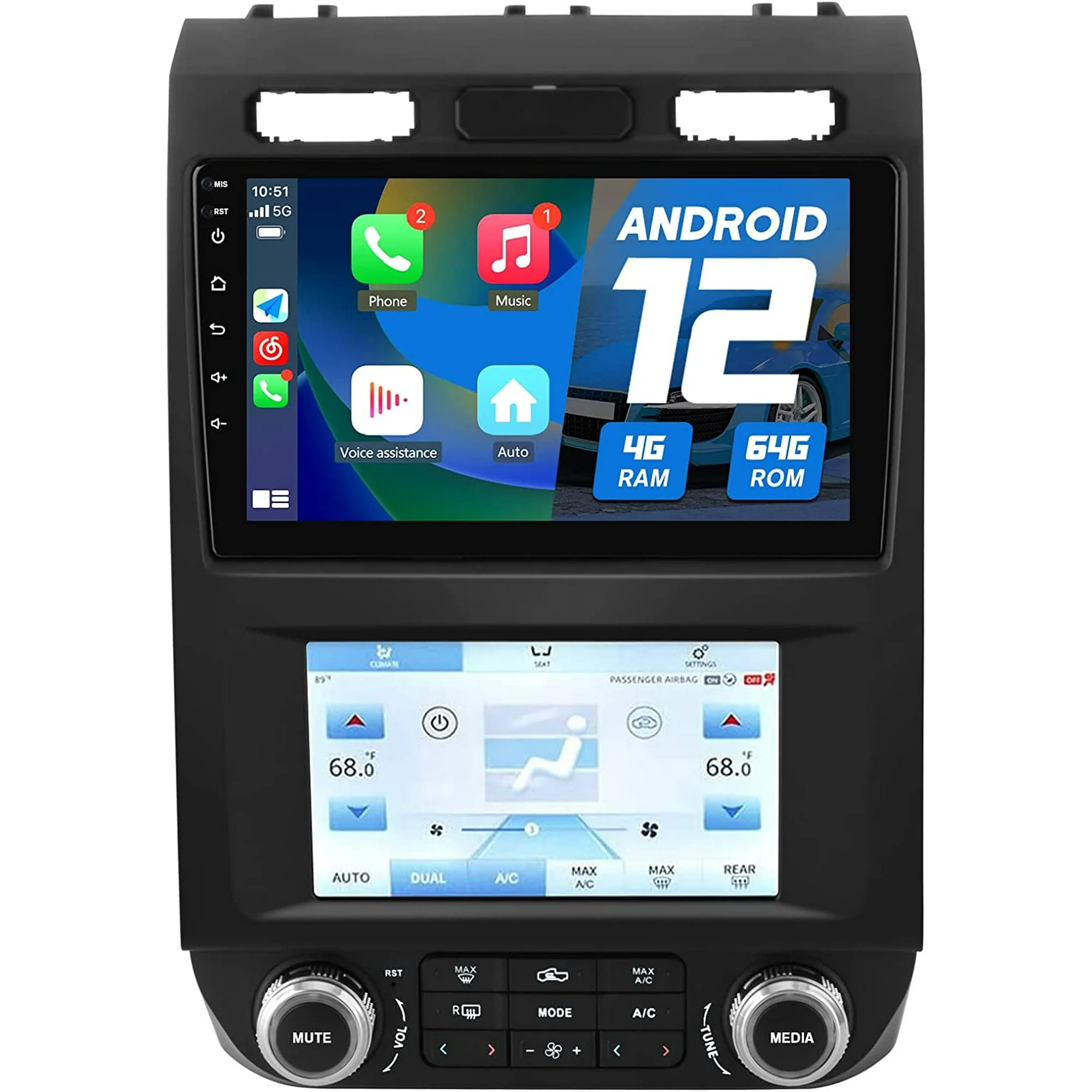 AWESAFE Dual Screen Car Radio Stereo for Ford F150 2015 2016 2017 2018 2019 2020 , Touch Screen Car Navigation with Digital AC Climate, Built in Carplay/Android Auto/4G WiFi (4G+64GB)