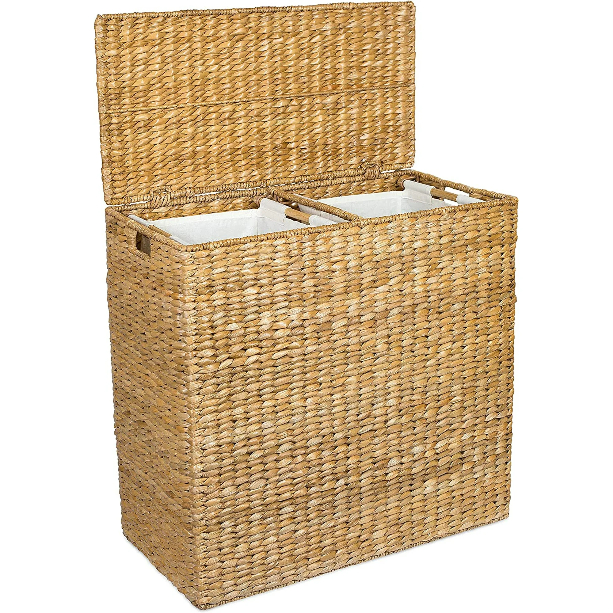 Oversized Double Laundry Hamper with Lid | 2 Liners Included | Handwoven Natural Woven Seagrass Fiber | Laundry Hamper 2 Section |