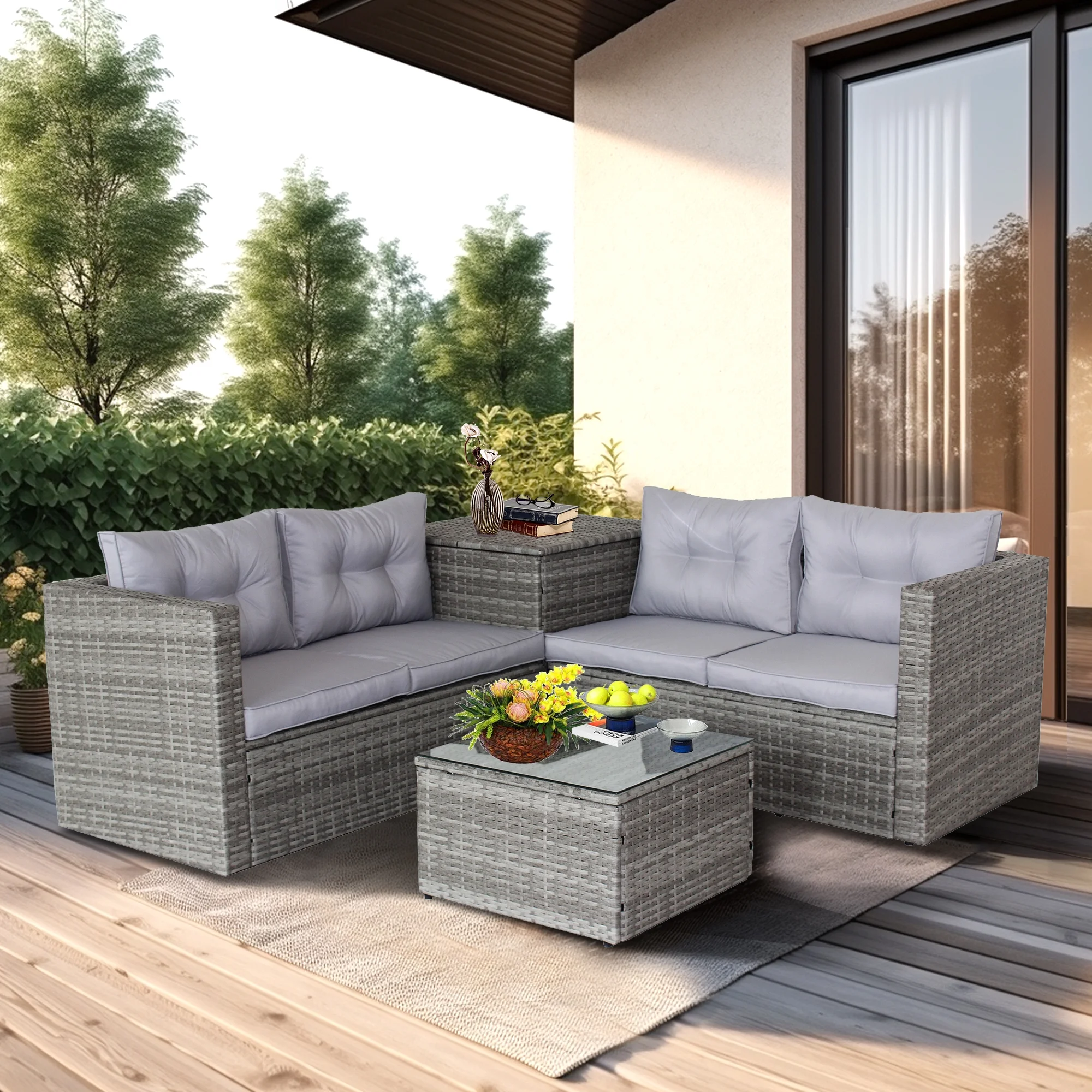 Patio Furniture Sofa Set, 4 Piece Outdoor Conversation Set with Loveseat Sofa, Storage Box, Tempered Glass Coffee Table, All-Weather Patio Sectional Sofa Set with Cushions for Backyard Garden Pool