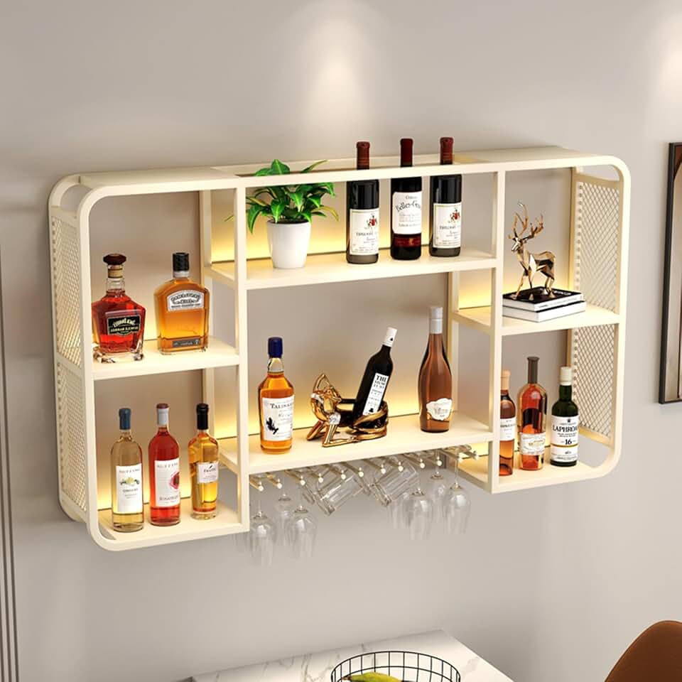 Modern Wine Rack Wall Mounted With LED Light Iron Wine Shelf With Wine Glass Holder Iron Bar Liquor Shelf Metal Wine Rack Wall Mounted Bar Floating Wall Shelves For Kitchen Wine Cellar,Gold/Black(Whit