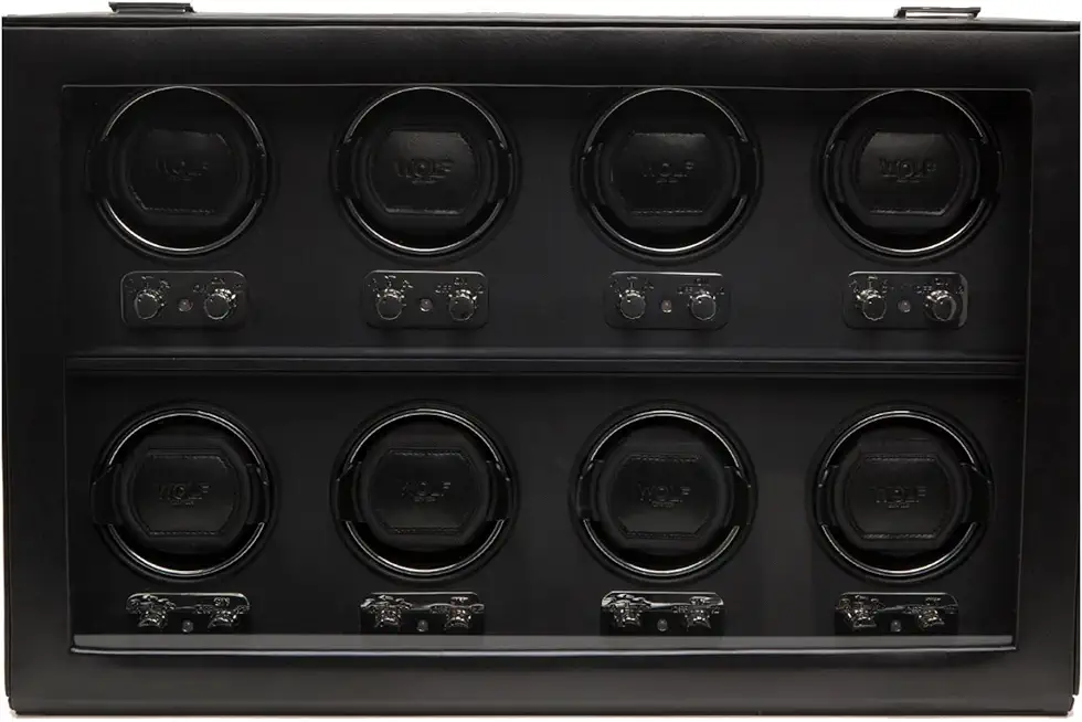 WOLF Heritage 8-Piece Winder with Glass Cover, Black - Secure Fit with Patented Lock-in Dynamic Cuff - for Bigger, Heavier Watches - Faux Leather - Includes Universal Adapter