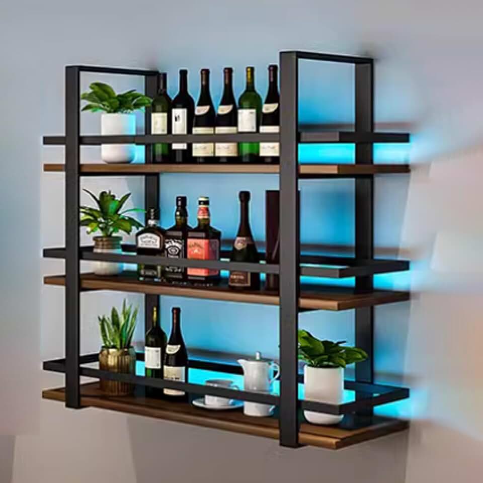 Metal 3-Tiers Wine Rack Wall Mounted Modern floating wine racks With Led Lights Multifunctional bar bottle display shelf Large-Capacity Wine Glass Storage Racks For Kitchen, Home, Bar(100*22*120cm/39.