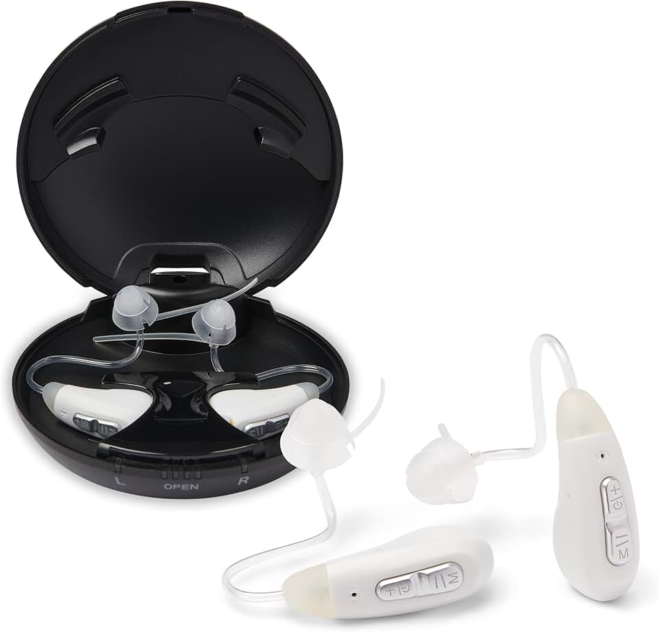 Medline Comfortable & Rechargeable OTC Hearing Aids, White, Behind-The-Ear, 4 Environmental Settings, Water Resistant, Adjustable Volume, Mild to Moderate Hearing Loss, Noise Reduction