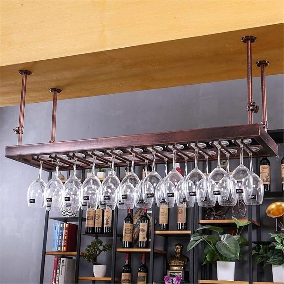 Hanging Wine Rack with Glass Holder and Shelf, Wine Lovers Bar Furniture& Wine Rack Home Bar Furniture Wine Racks Stemware Racks Ceiling Mounted Hanging