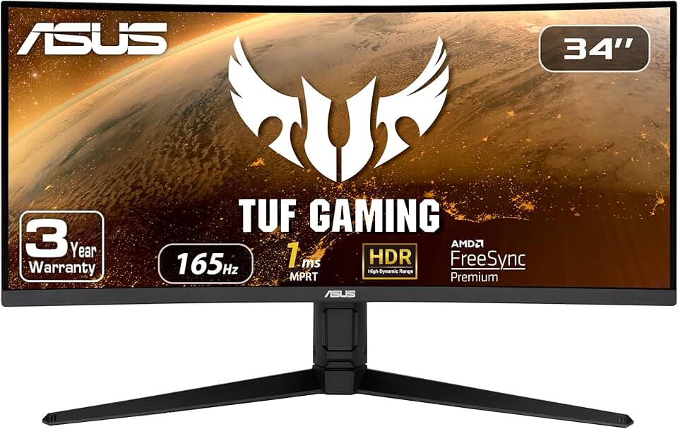 ASUS TUF 34 Inch Curved Gaming Monitor - WQHD (3440x1440), 165Hz, 1ms, Extreme Low Motion Blur, FreeSync Premium, Eye Care, Height Adjustable, DisplayHDR 400, DisplayPort, HDMI, USB - VG34VQL1B