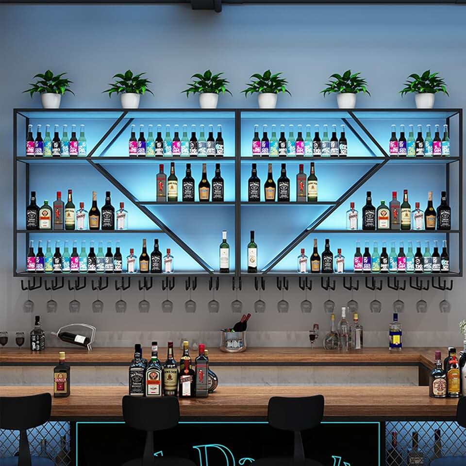 Metal Wine Rack Wall Mounted Hanging Goblet Display Storage,Large Liquor Bar Display Shelf With LED Light,Bar Unit Floating Wine Shelves,For Home Kitchen,Living Room,Home,Cafe(70.8in/180cm)