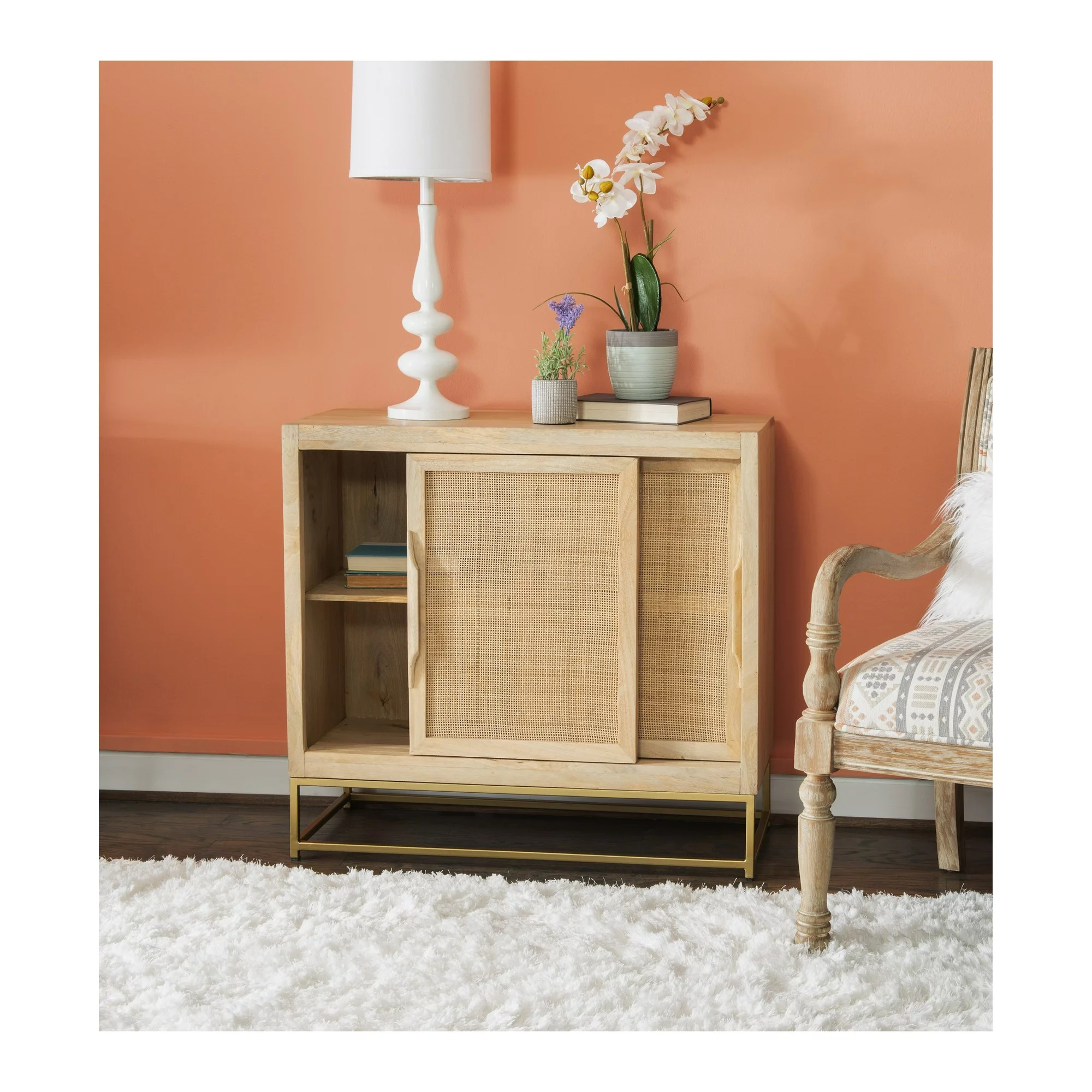 Janie Rattan Sliding Doors Cabinet with Shelves, Natural and Gold