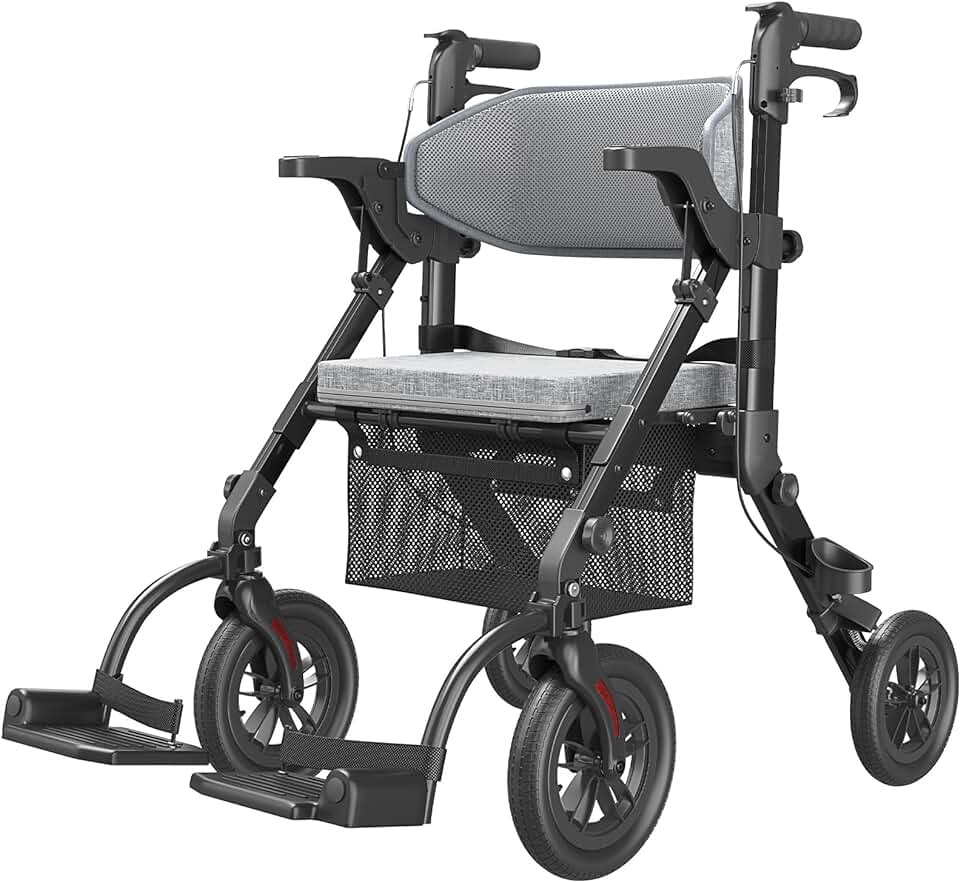 Rollator-Walkers-for-Seniors-with-Seat, Walker Wheelchair Combo, Transport-Wheelchair-Lightweight-Foldable, Adult Walkers All Terrain, 2 in 1 Rolling Walker Chair with Brakes & Pouch-2024 New