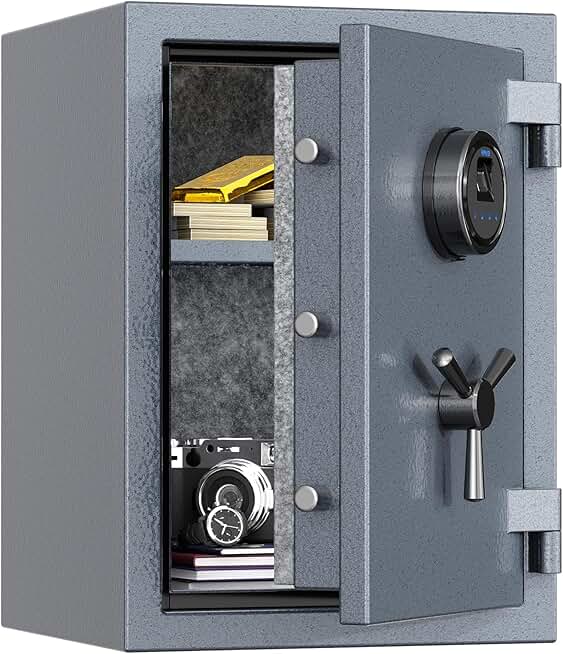 RPNB Deluxe Biometric Safe Box,Digital Fingerprint Fireproof Waterproof Safe with Touch Screen,Removable Shelf and 3 Spoke Safe Handle,Home Safe for Cash Documents Jewelry,1.29 Cubic Feet,Gray