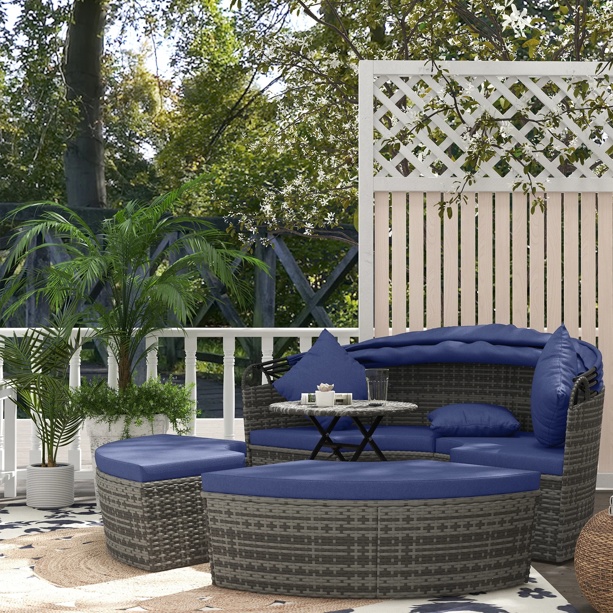 Outsunny Daybed Patio Furniture Set, Chairs, Sofa, Table Ottoman, Dark Blue