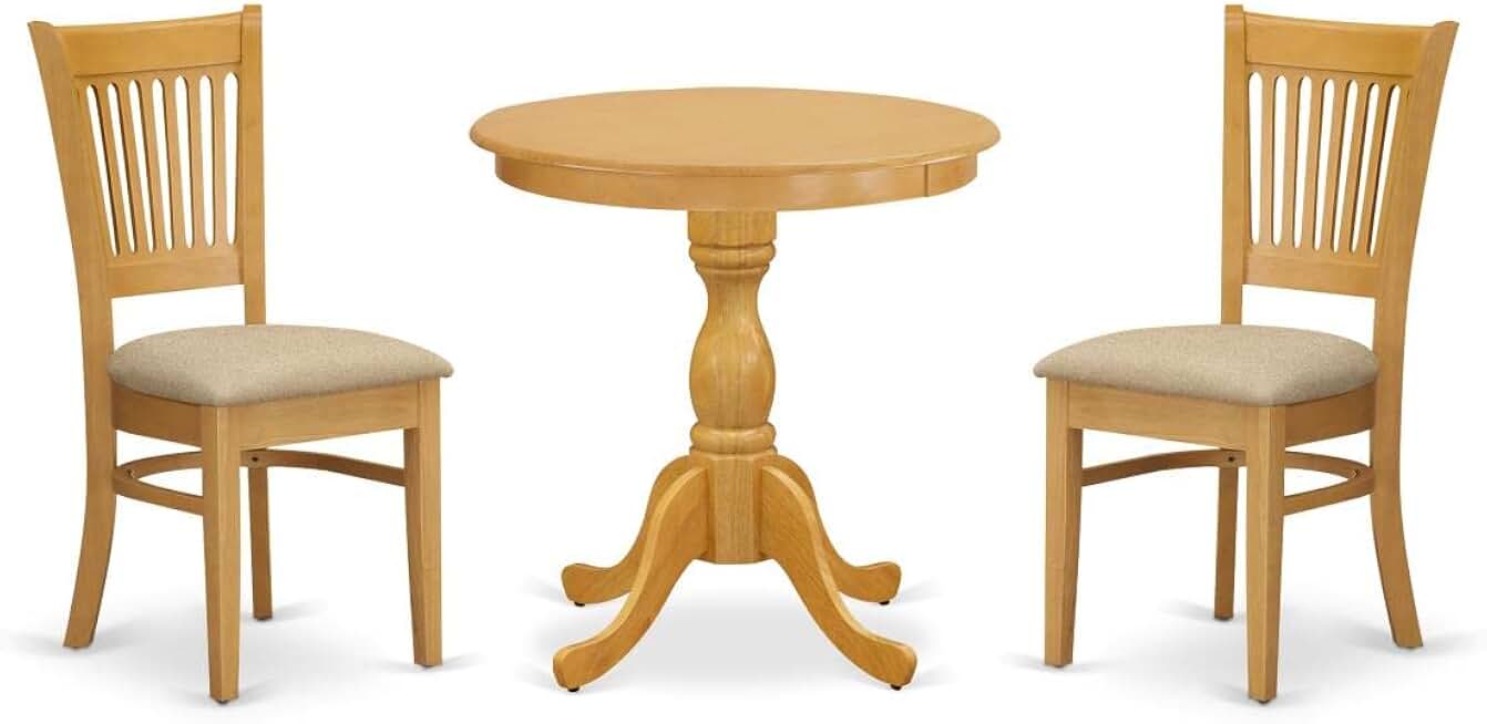 East West Furniture ESVA3-OAK-C 3 Piece Dining Table Set for Small Spaces Contains a Round Dining Room Table with Pedestal and 2 Linen Fabric Upholstered Chairs, 30x30 Inch, Oak