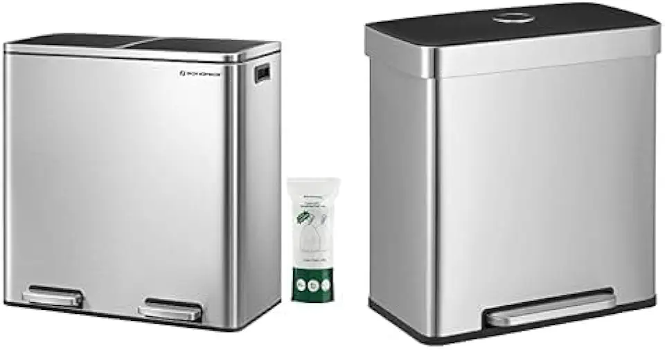 SONGMICS 2 x 8-Gallon Garbage Can for Kitchen with 15 Trash Bags, Silver and Black 16 Gallons Dual Kitchen Trash Can ULTB60NL and ULTB202E01