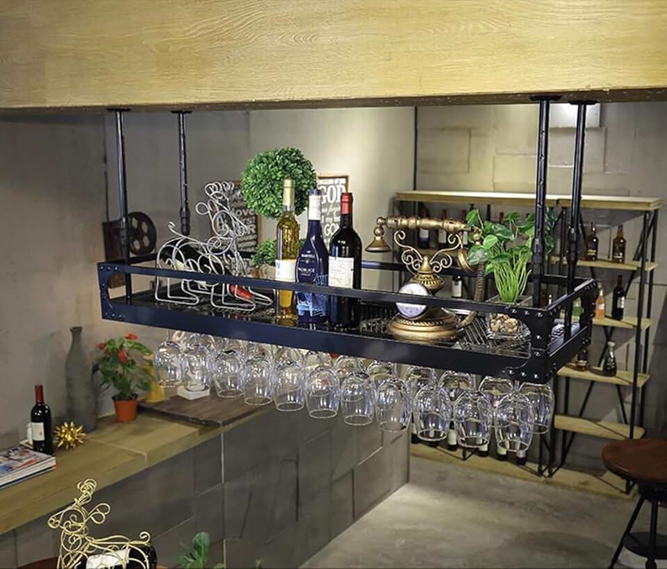FOVKP Wine Display Rack,Hanging Wine Rack Glass Cup Shelf Wine Glass Holder,Goblet Champagne Glass Rack,Glassware Rack,Wrought Iron Wine Glass Rack,Black,60 35Cm