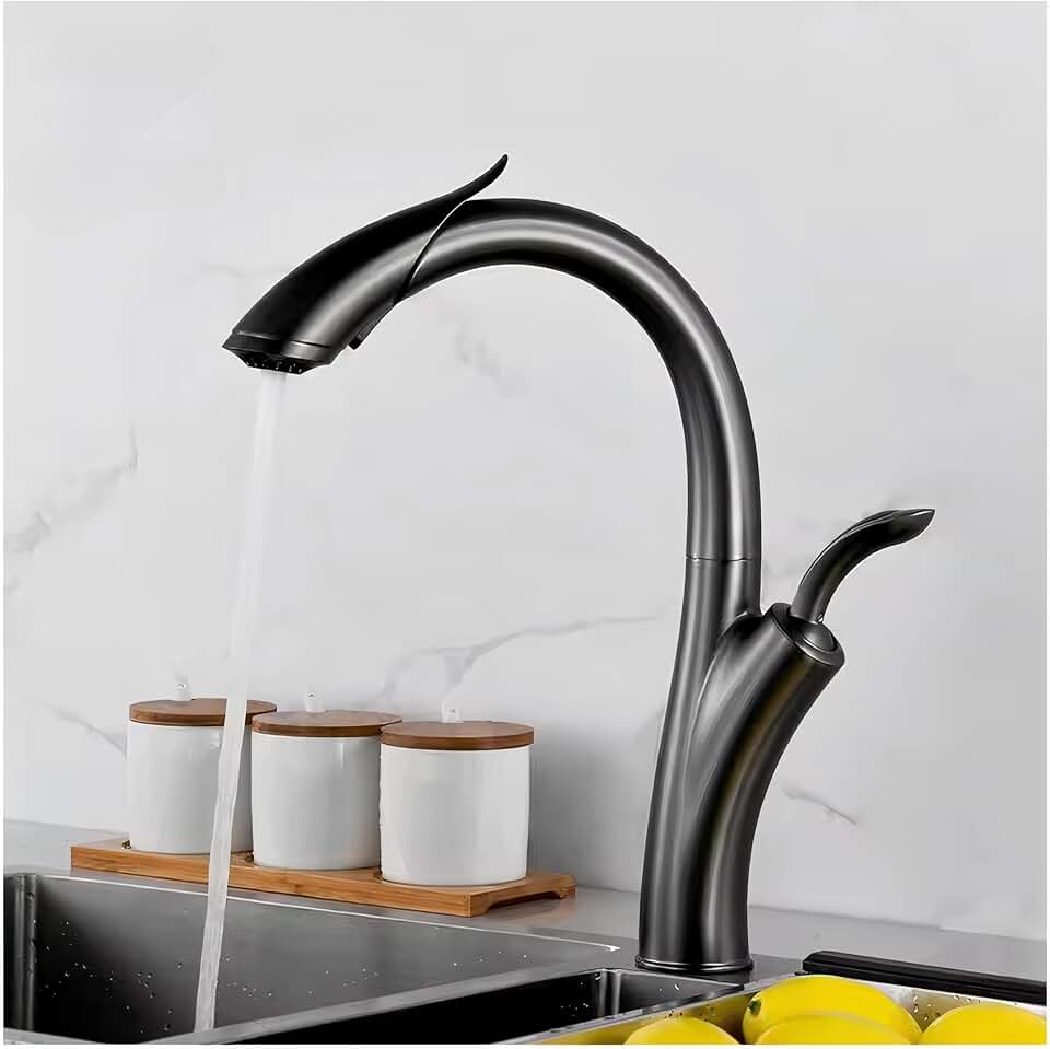 Kitchen Faucet, Modern Gun Metallic Matte Finish, Scratch Resistant,Pull Down Spray Head with Two Spray Modes, Built-in Magnetic Spout Holder, 360-degree Swivel, Modern Deck Mount Kitchen Faucet