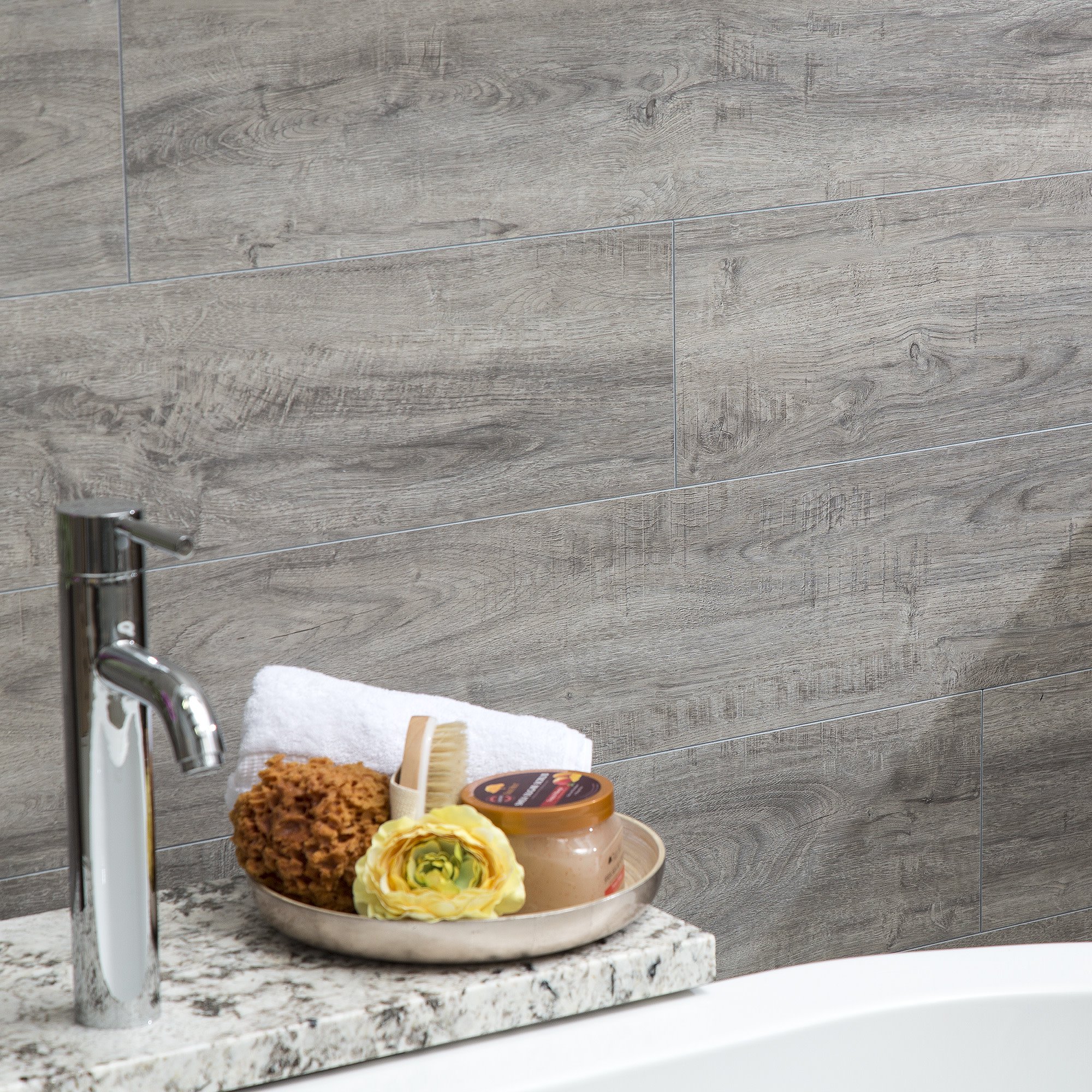 Palisade 46.7in x 7.2in Vinyl Plank Shower Kit in Gray Oak