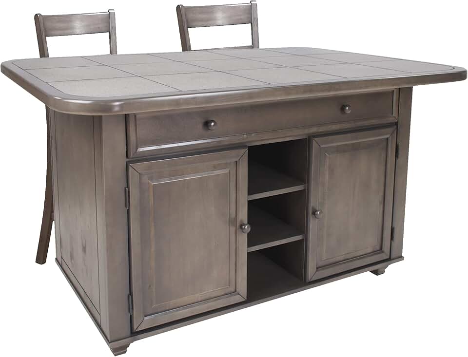 Sunset Trading Shades of Gray 3 Piece Kitchen Island Set with 2 Barstools | 3 Position Grey Tile Top | Storage Cabinets, Open Shelves, Drawers