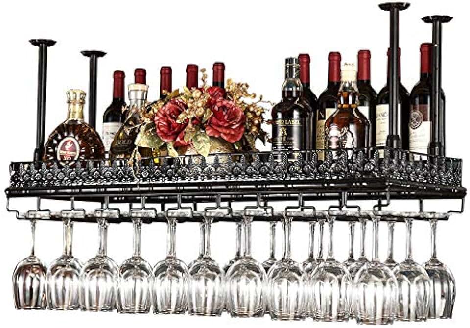 Industrial Wine Glass Rack Holder,Ceiling Hanging Wine Bottle Holder Adjustable Height Holds Any Type of Stemware Glassware Wine Glasses and Flutes Vintage Bottle Rack