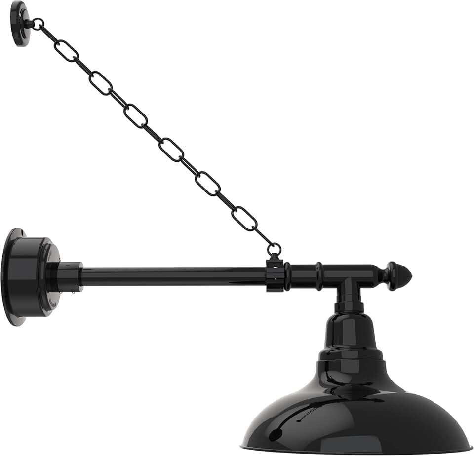 Cocoweb 12in. Gloss Black Indoor Outdoor Gooseneck Barn Light Fixture with Vintage Arm with Chain - Vintage Farmhouse Wall Sconce