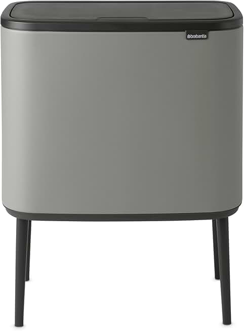 Brabantia Bo Trash Can - 1 x 9.5 Gal Inner Bucket (Mineral Concrete Gray) Waste/Recycling Garbage Can, Removable Compartment + Free Bags