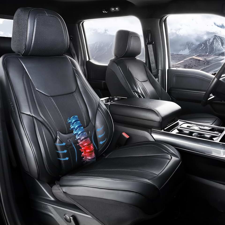 Coverland Custom Car Seat Covers Full Set for 2017-2024 F-250, 350, 450 All Cabs, Seat Protector, Water Resistant Leather, Memory Form Back Support Seat Cushion, Airbag Compatible (Full Set - Black)