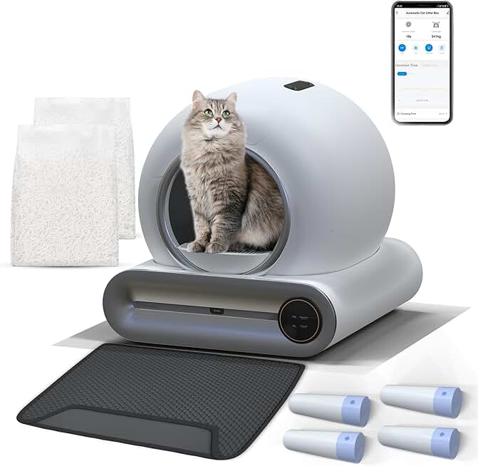 Self Cleaning Cat Litter Box, Automatic Cat Litter Box with Tofu Litter, Mat & Liners/APP Control, 65L+9L Large Capacity, Suitable for Multiple Cats