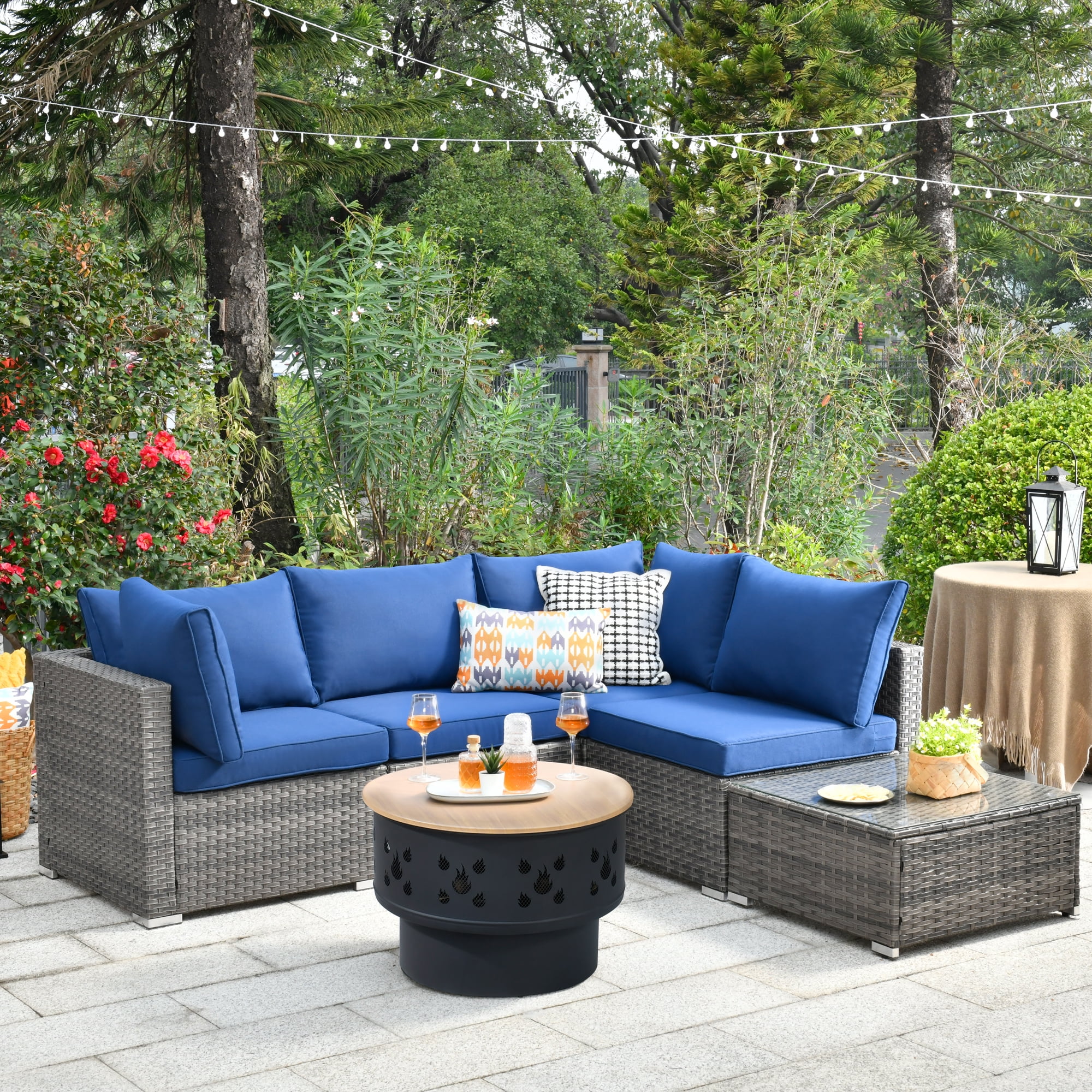 Ovios 6 Pieces Patio Fire Pit Set Outdoor Wicker Conversation Set with Wood Burning Fire Pit,Navy Blue