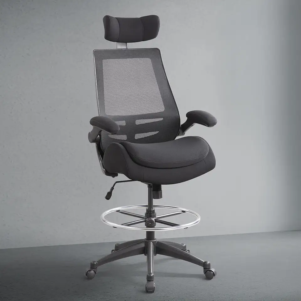 BOLISS High-Back Ergonomic Office Mesh Drafting Chair,Tall Office Chair, Standing Desk Chair,Adjustable Headrest,Molded Foam Seat Double Seat Cushion,with Flip-Up Arms,Lumbar Support -Black