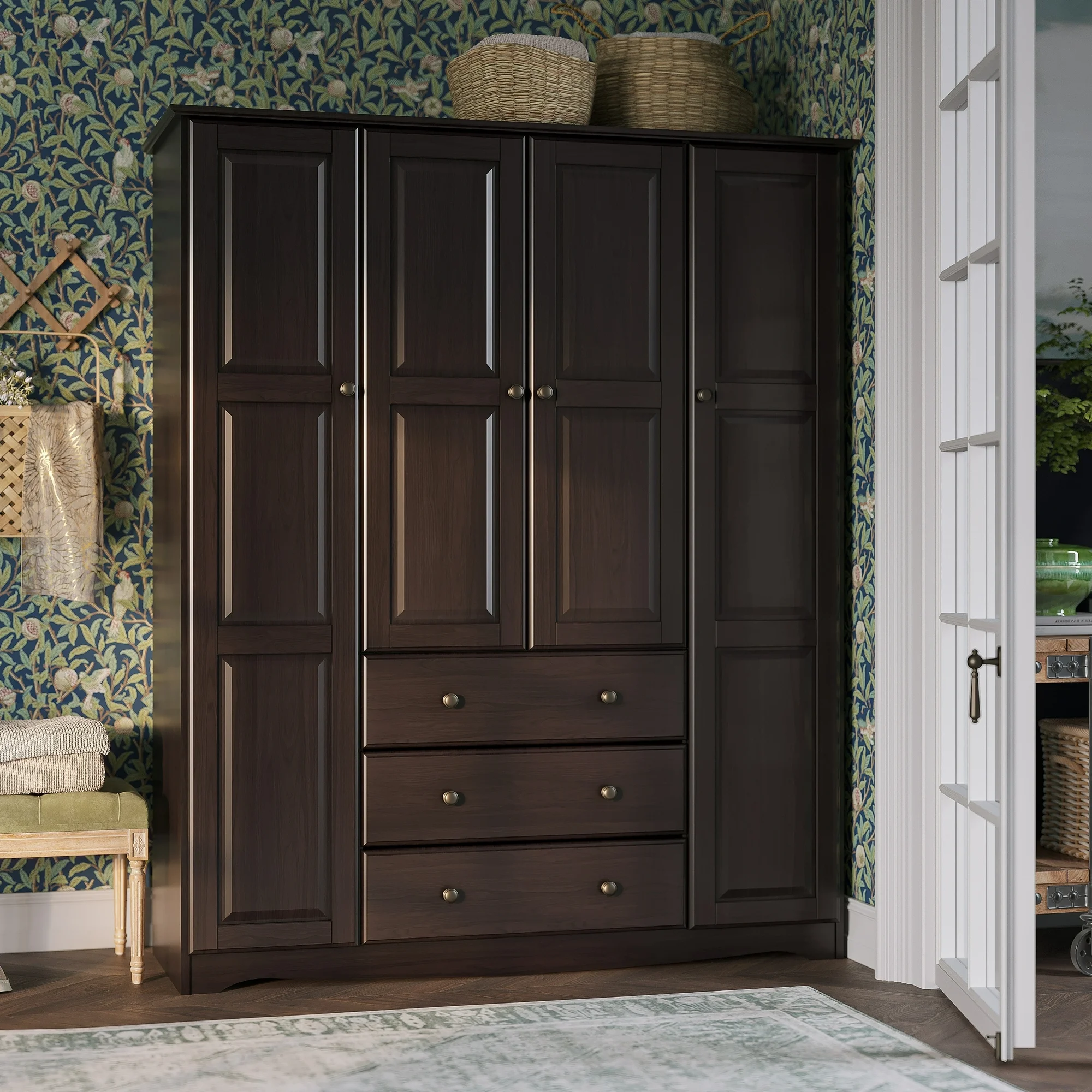 Palace Imports, Inc. Palace Imports 100% Solid Wood Family 4-Door Wardrobe Armoire with Metal or Wooden Knobs Java-Metal Knobs
