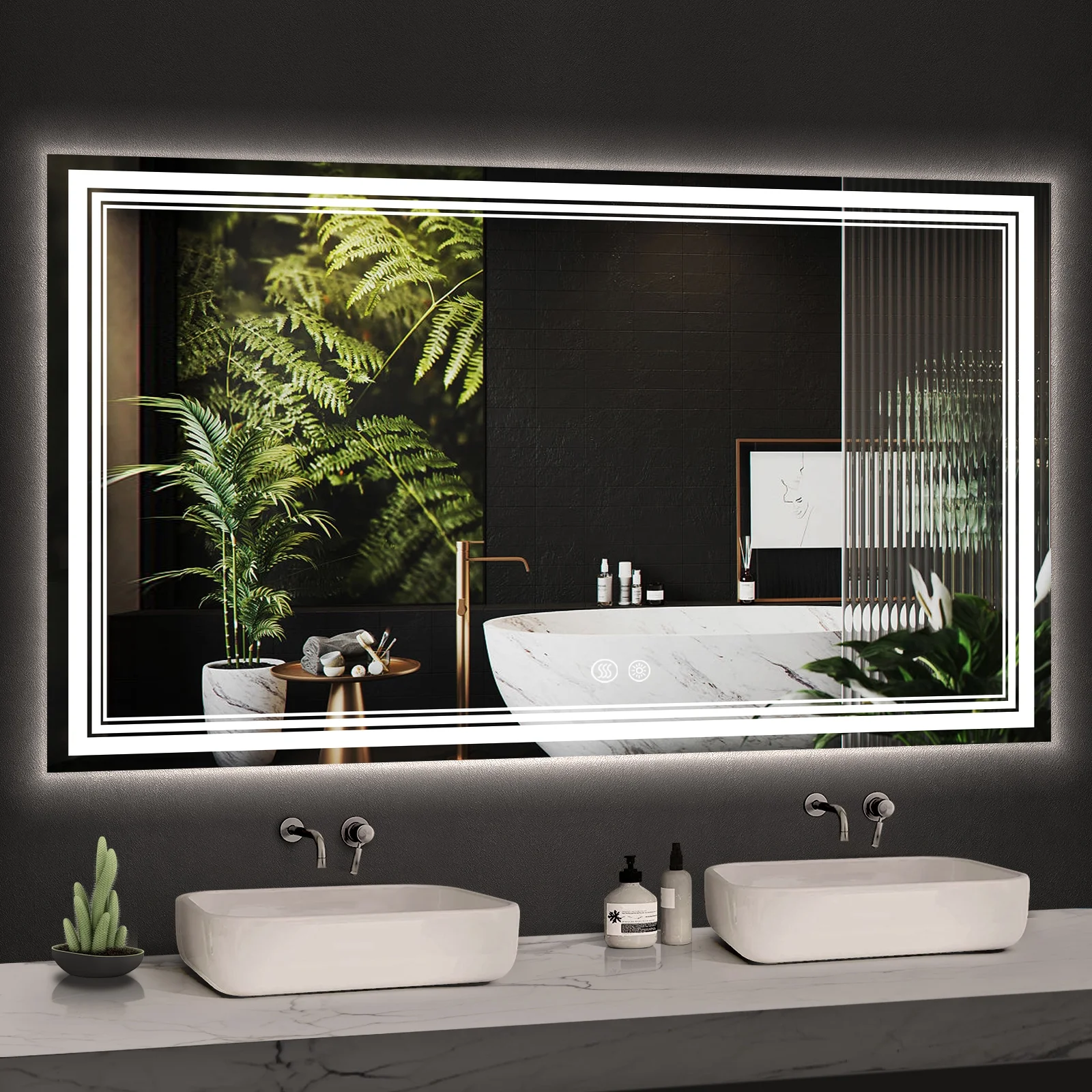 IOWVOE 60 x 36 Inch Bathroom Mirror with LED Lights, Dimmable Anti-Fog Wall Mount Mirror with Light IP 54 Waterproof+Anti-Fog+Dimmable Light