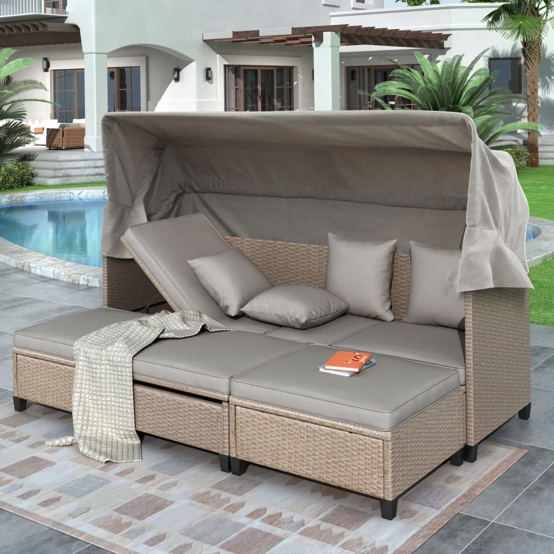 Patio Sectional Sofa with Retractable Canopy, Outdoor Daybed with Cushions and Lifting Table, Wicker Patio Furniture Sunbed for Lawn, Poolside, Brown