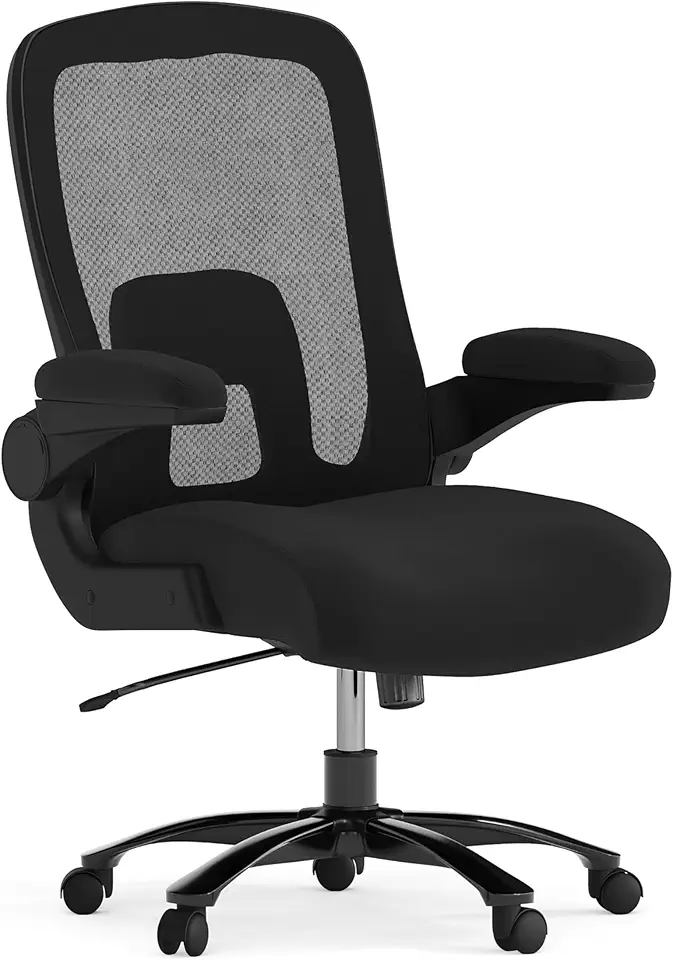 Flash Furniture Big & Tall Swivel Office and Gaming Chair with Lumbar and Back Support, Ergonomic Mesh Office Chair with Flip-Up Armrests and Adjustable Height, Black