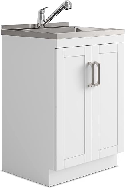 SIMPLIHOME Kyle Transitional 24 Inch Laundry Cabinet with Faucet and Stainless Steel Sink in White, For the Laundry Room and Utility Room