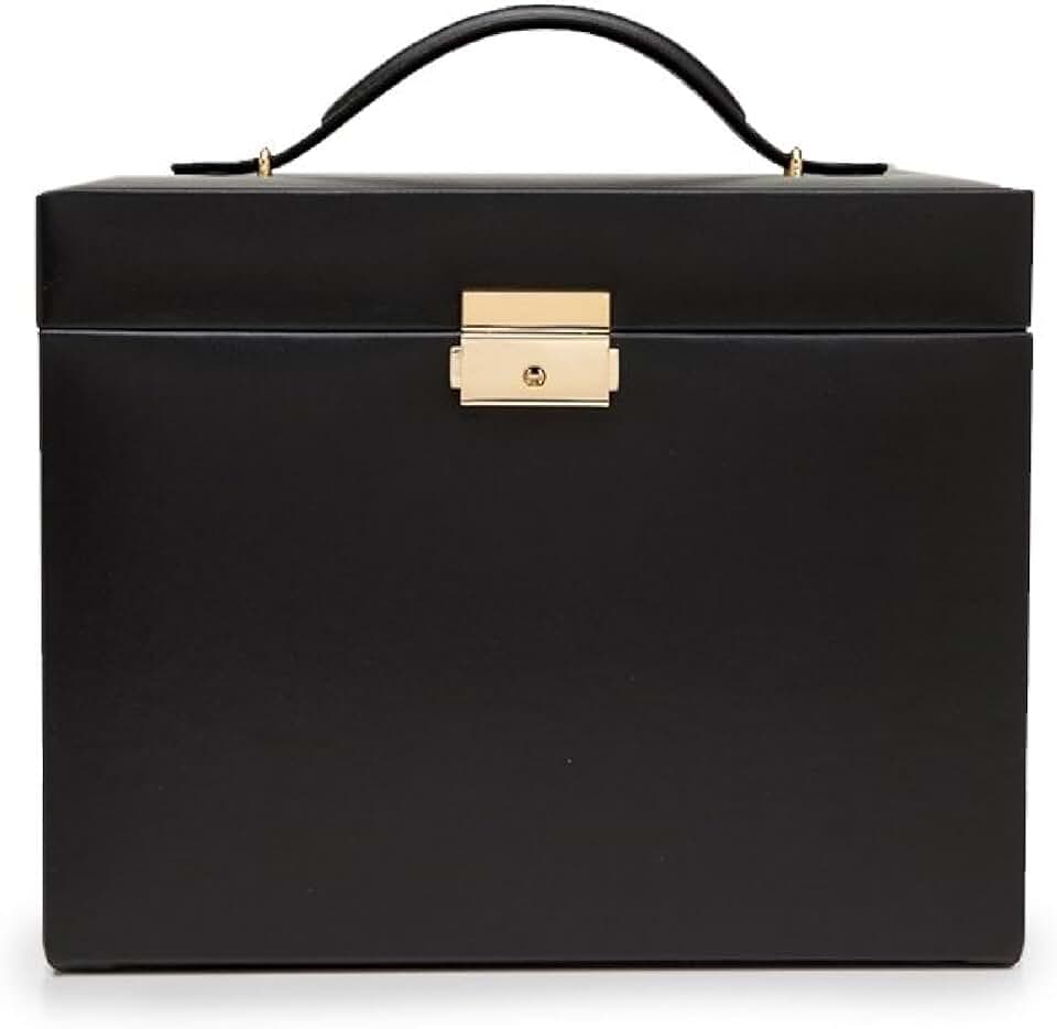 WOLF Heritage Medium Jewelry Box, Black - 28 Compartments, 10 Ring Rolls, 20 Earring Holes + 10 Necklace Compartments - Includes Travel Case