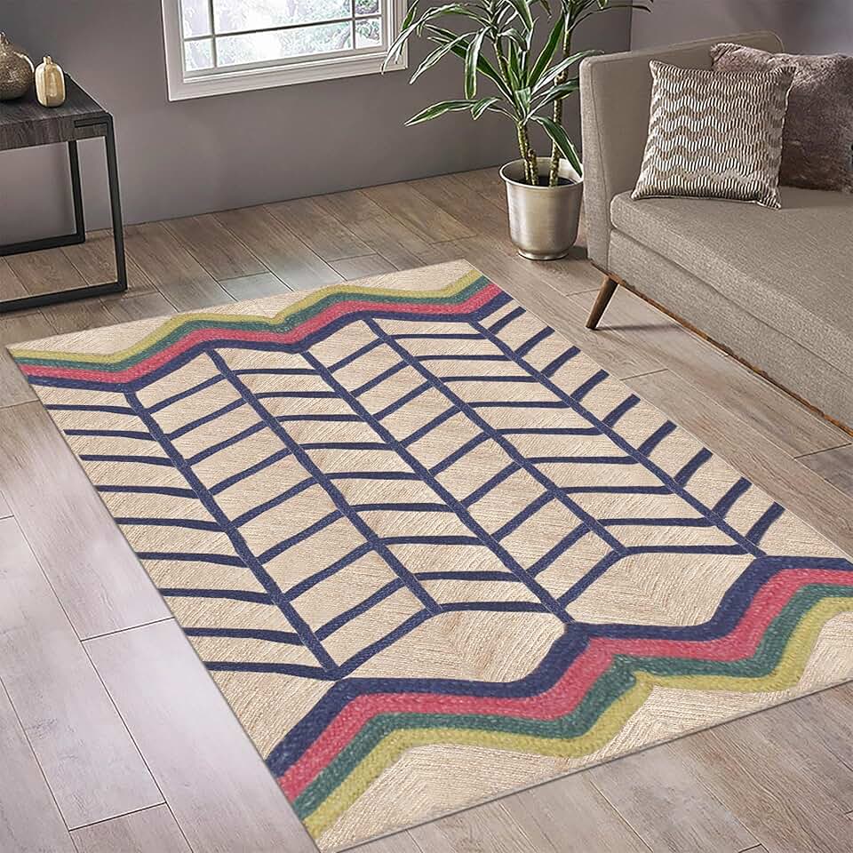 6x6 Natural Jute Rug Square Bohemian Decor Rug Area Rug for Kitchen Blue Multicolor Kilim Rugs for Bedroom Table Sqauare Mat Jute Home Decor Area Rug Indoor Outdoor Premium Rug Yoga Rug