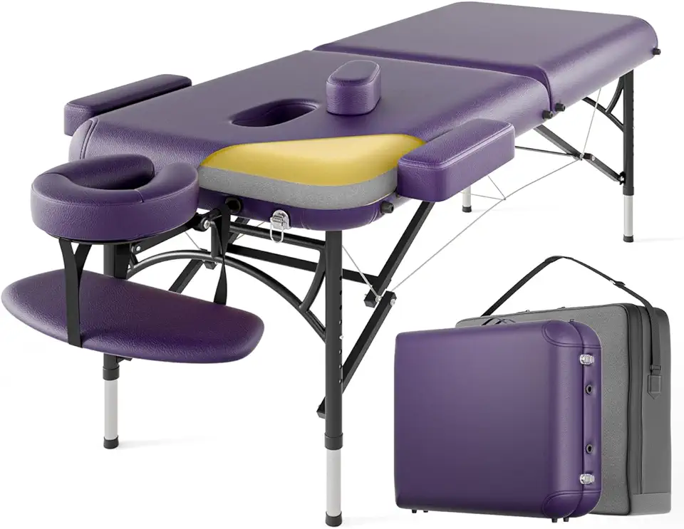 Professional Massage Table Portable 2 Fold Premium Memory Foam Aluminium Leg Hold Up to 1100LBS 8 Heights Adjustable with Carrying Bag Violet