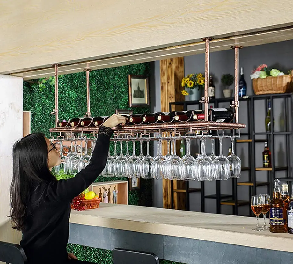 Industrial Wine Racks Adjustable Height Upside Down Hanging Wine Glasses Drying Holder Rack Holds Any Type of Stemware Glassware Wine Glasses and Flutes Sand