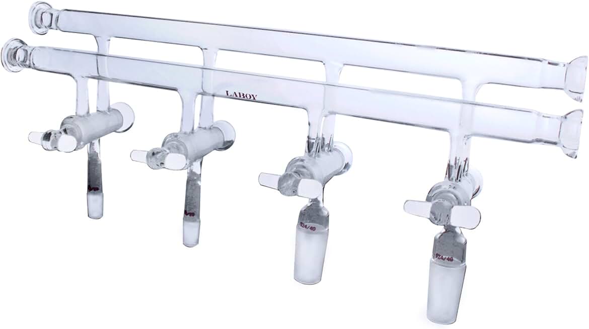 Laboy Glass Double Maniflod Vacuum Gas Distributor for Schlenk Line with 4mm High Vacuum Stopcock & # 15 O-Ring Joints Air-Free Chemistry Lab Glassware