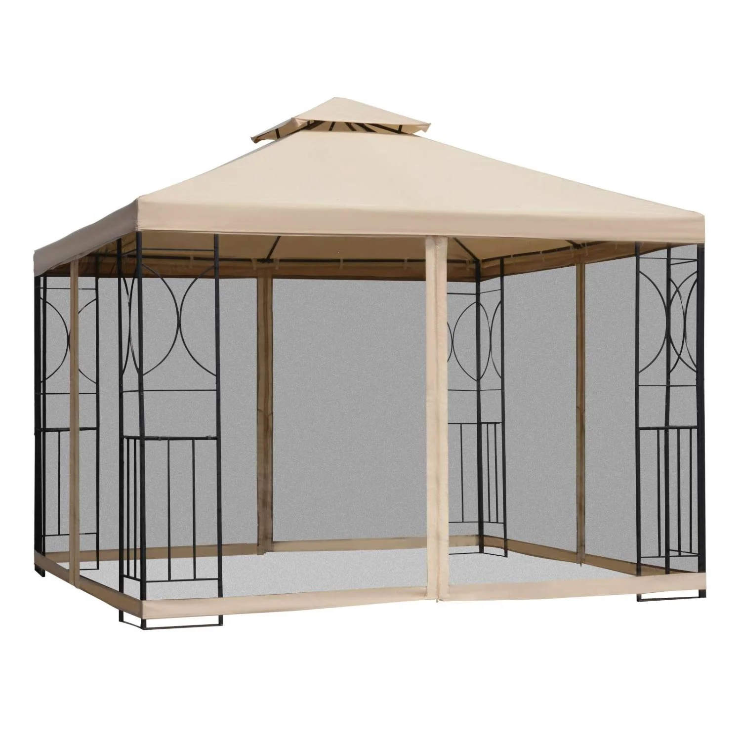 Outsunny 10‘ x 10‘ Patio Gazebo with Corner Shelves  Outdoor Gazebo Canopy Shelter with Netting  and Vented Roof  for Garden  Lawn  Backyard and Deck