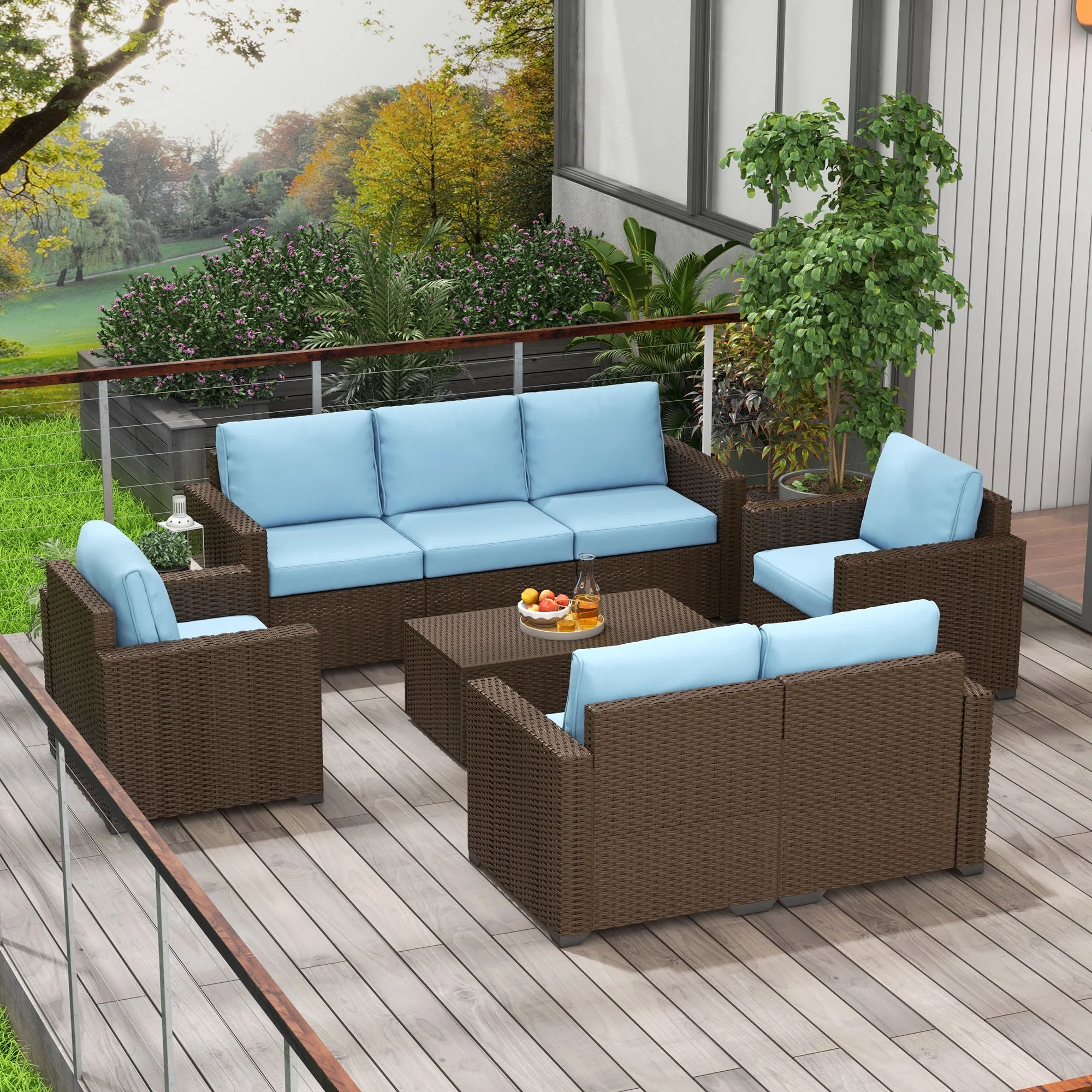 Outsunny Patio Furniture Set, Cushions, Sofas, Chairs, Storage Table, Blue